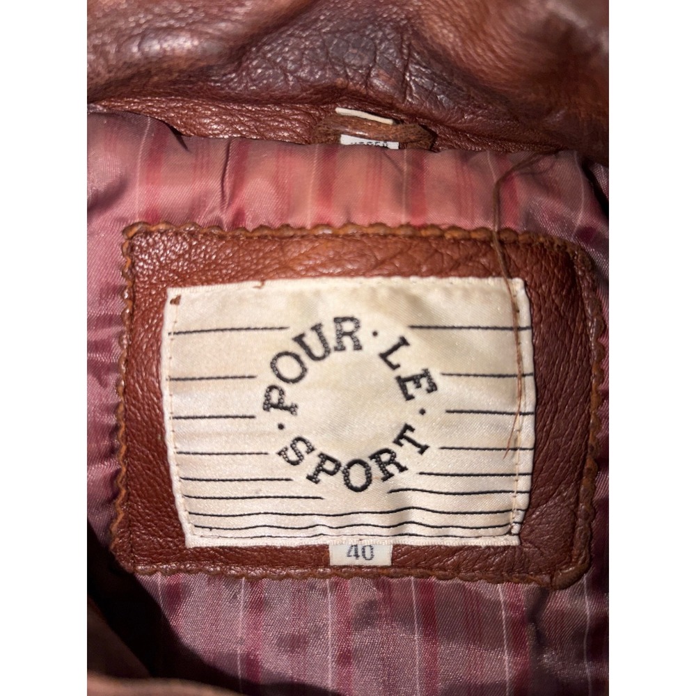 Vintage Pour Le Sport Brown Leather Bomber Jacket Mens Size 40 Oversized 90s - Picture 3 of 9